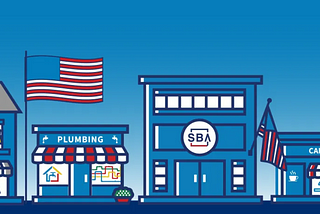 A row of small businesses with USA flags