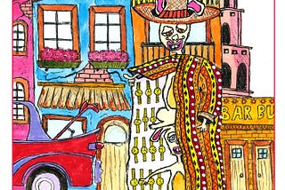 Drawing of a Mexico street scene with two rabbits wearing a sombrero and a long jacket filled with Rolex watches. Drawing by author