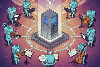 Illustration of diverse AI agents collaborating.