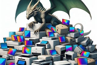 A dragon hoarding a pile of printers and laptops