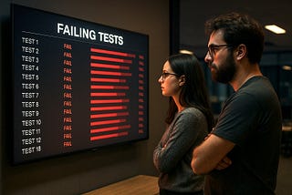 Two frustrated developers stare at a large monitor displaying a dashboard titled ‘FAILING TESTS’. The screen shows twelve test cases (TEST 1 through TEST 18) all marked with red ‘FAIL’ status and red bar graphs indicating failure metrics. The scene captures the moment of realization that their entire test suite has collapsed.