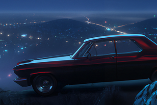 A digital illustration of a dark red, classic American muscle car parked on a ridge overlooking a city at night. No-one is sitting in the car, and in the background you can see lines of lights cutting through the hills.