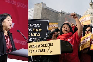 Collage with two photos: on left is Filipina woman standing behind microphone in front of red wall, on right is Filipina woman standing in front of Capitol building in Washington, DC wearing red top and scarf holding fist in air surrounded by other people. Sign in front of her says #safeworkers #safecare.