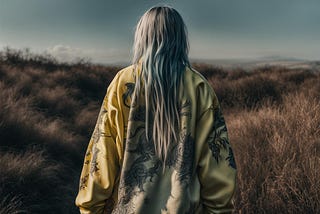 An AI photo-realistic rendering of Billie Eilish as seen from behind, looking at the horizon.
