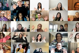Zoom grid of 25 people cheering at the virtual launch celebration for Techtonica’s 2023 H1 cohort