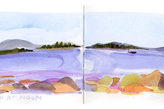 A two-page water-color sketch, vista seen from the rocky beach in Maine with the Camden Hills in the distance. 2024.