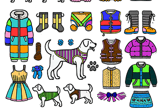 colored line drawings of lots of pieces of dog clothing