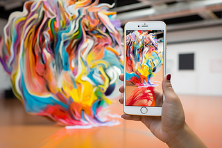 A person’s hand holds a smartphone, capturing a vibrant, abstract art piece on its screen. The artwork, a whirl of vivid colors and organic shapes, fills the exhibition space, contrasting with the minimalist gallery walls.