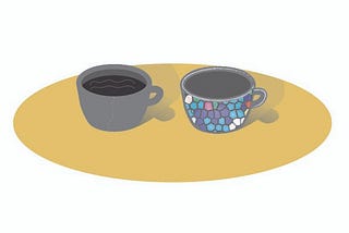 A design of two cup. An old one with a drink in it, and a new with nothing inside.