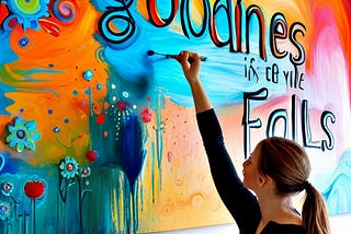 woman painting mural on wall of vivid colors and the quote “goodness never fails”