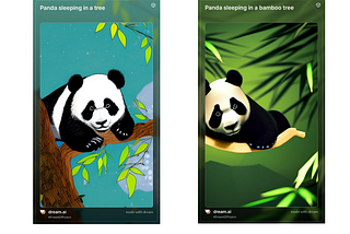 A panda in a tree and a more detailed panda in a distinctly bamboo tree.