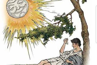 White man in loose clothing lying down against a tree, wiping his brow in response to the smiling sun’s heat above him.