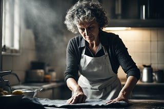 A middle-aged woman with short, grey curly hair in the kitchen.