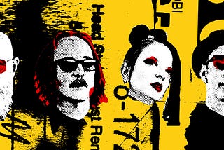 Cut out faces of each member of the band, Garbage, rendered in a style of Andy Warhol