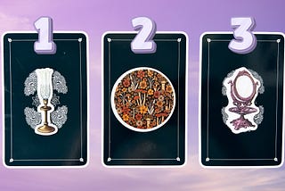 Three tarot pick a card piles: pile 1 — lamp, pile 2 — flowers, and pile 3 — mirror