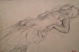 Sketch in charcoal of a reclining woman naked above mons pubis. Turning her head away, her right arm follows curvaceously below hip, left arm is bent, outer hand filling her waist, resting on hip.