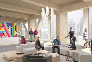 Architectural rendering shows the interior of an airy, wood-filled office space. People walk, sit, and talk on couches.