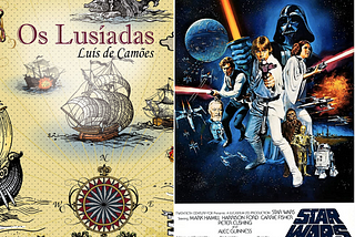 Capa do livro de Os Lusíadas e, ao lado, pôster do filme Star Wars: Uma Nova Esperança.