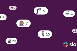 Purple background with 8 accessibility emojis; Person With White Cane, Ear With Hearing Aid, Guide Dog With Harness, Deaf Sign, Person in Mechanized Wheelchair, Wheelchair, Mechanical or Prosthetic Arm and Leg and Slack logo.