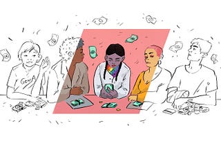 Black and white illustration of a diverse group of people with a rhombus shape over the middle that shows the central characters in full colour. The characters represent people of colour and people in the LGBT+ community.