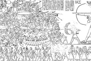 Sea People defeated by Bronze Age Egyptians https://upload.wikimedia.org/wikipedia/commons/thumb/b/b6/Medinet_Habu_Ramses_III._Tempel_Nordostwand_Abzeichnung_01.jpg/1024px-Medinet_Habu_Ramses_III._Tempel_Nordostwand_Abzeichnung_01.jpg