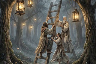men holding a ladder in the dark forest surrounded by lanterns