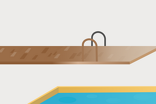 An illustration of a springboard with the texture of a road hovers above a bright-blue pool
