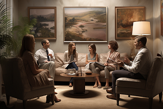 A man and 4 women talking to a therapist