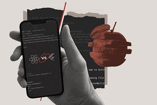 Hand holding a phone that has code in background and React Native vs Flutter. Background has code snippets with a cut apple overlapping to reference the phrases “Any way you slice it” and “comparing apples to apples”