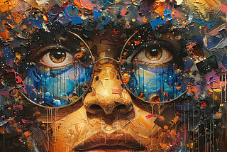 a stunning example of mixed-media portraiture, rich with texture and color. It depicts a person with an intense gaze, the eyes being a central focal point, magnified by round glasses. The face is detailed with realistic features, but there’s a creative explosion of abstract elements, colors, and patterns that seem to burst forth from the mind, suggesting a vivid imagination or a world of thoughts and ideas. This complexity could symbolize the multifaceted nature of human thought and creativity.