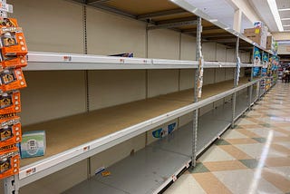 A grocery store aisle showing empty shelves where toilet paper should be.