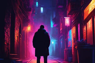 A shadowy figure standing at the entrance of a dark alleyway, with the neon lights of the city in the background, creating a contrast between the vibrant city and the hidden, mysterious world Sanjay is entering