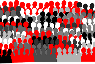 An abstract depiction of a crowd of people in small patches of color (read, black, white, and a few shades of gray)
