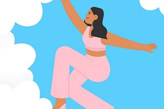 Illustration of a smiling woman with long black hair and light brown skin. She is wearing a pink outfit and shoes. She appears to be floating in a blue sky with white clouds.