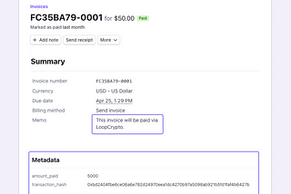 Stripe invoice with metadata from Loop Crypto.