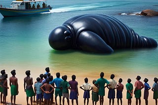 A bloated black object had washed ashore on a beach. It looks like an elephant. A crowd of people had gathered on the shore, looking at the object.