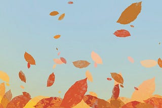 An illustration of autumn leaves blowing against a blue sky by Adam Westbrook