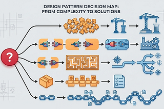 This technical infographic visualizes how to map complex software engineering bottlenecks to standard design patterns. It flows left-to-right from a core structural question mark to clear, architectural outcomes.