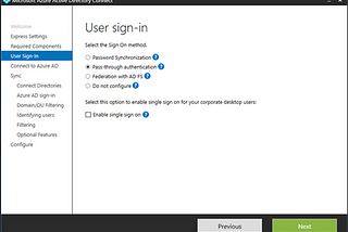 Configuring Pass-Through Authentication in Azure Active Directory through the AAD Connect Wizard