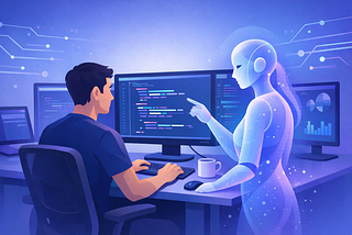 Software engineer coding with a holographic AI assistant at a multi-monitor workstation.
