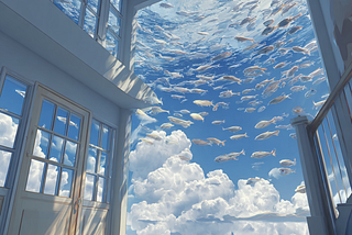 Scene outside a huge picture window: An aquarium in the sky.