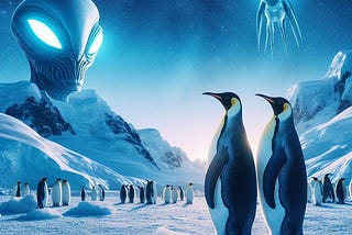 The penguins, Percival and Jethro, are confronted by the image of the Alien. It shows itself simply as a head and is able to communicate with them using mental telepathy. Not just words, but sounds and images as well. It relates that it has adopted the name Condo, short for Condere, after an Irish warrior and storyteller of legend. The penguins are standing outside the cavern on the ice and there are other penguins to be seen. But Condo speaks only to Percival and Jethro.