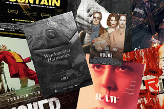 A randomly arranged collage of movie posters.