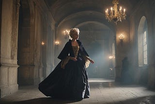 Image shows the look-alike of Marie Antoinette in a glamorous ball gown, in a darkish hallway.
