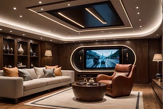 A picture of a luxurious underground bunker, complete with overstuffed sofas, throw pillows, a wooden floor and cozy rug. There’s a large television screen on the far wall and recessed lighting in the roof.