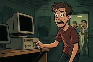 Illustration showing a panicked young man in a brown t-shirt reaching for the power switch on a beige Sun Microsystems computer workstation. Two concerned hospital staff members are visible in the background through a doorway. The scene captures the moment before a catastrophic system shutdown in a hospital IT environment.
