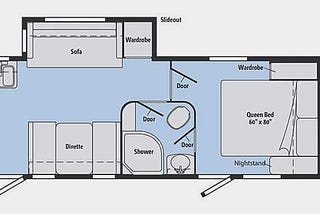 The floorplan for a Winnebago Minnie 2401RG Travel Trailer