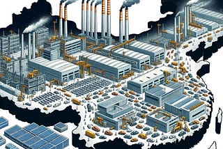 IMAGE: A map of China with automotive, battery, and solar panel factories, each with smokestacks emitting a significant amount of smoke, capturing a busy industrial scene