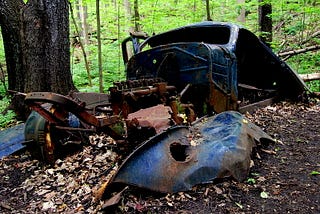 An abandoned wreck of a car from the50’s found on a hiking trail in Mono Cliffs Provincial Part. Ontario, Canada