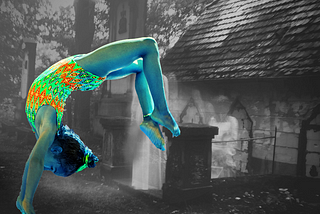 girl of color doing a back handspring in front of a black and white ghost photo
